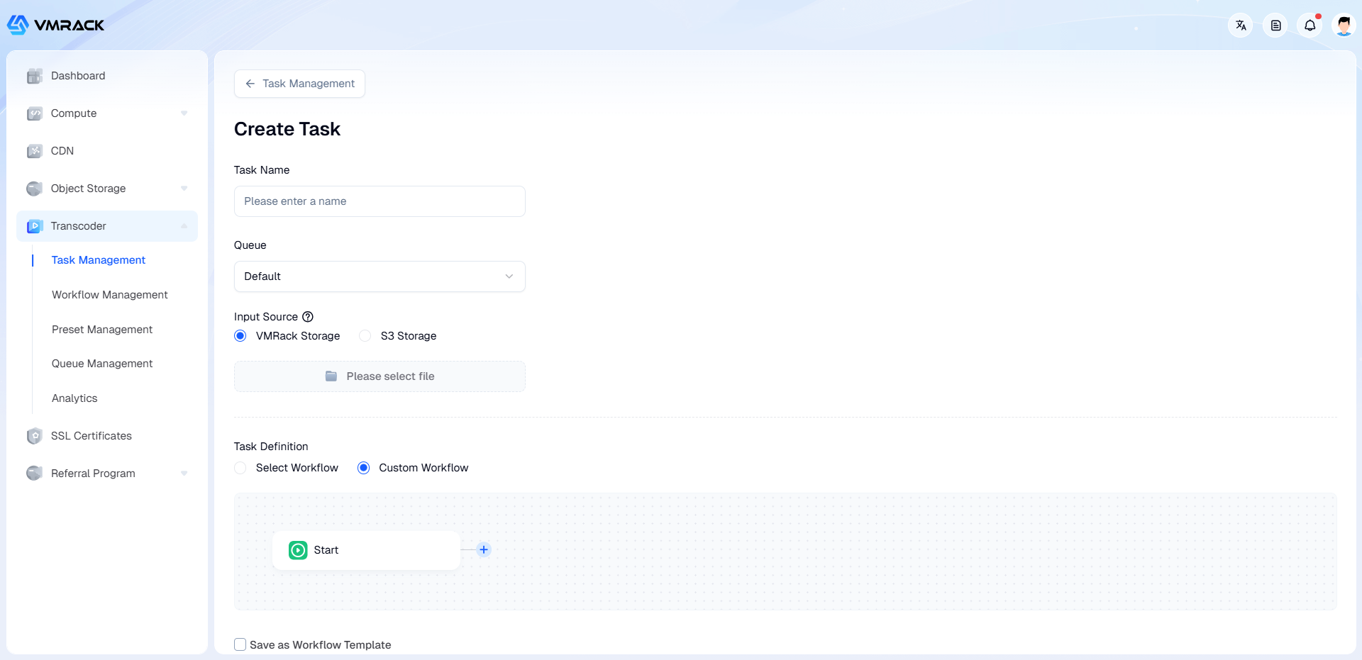 Cloud transcoding task configuration