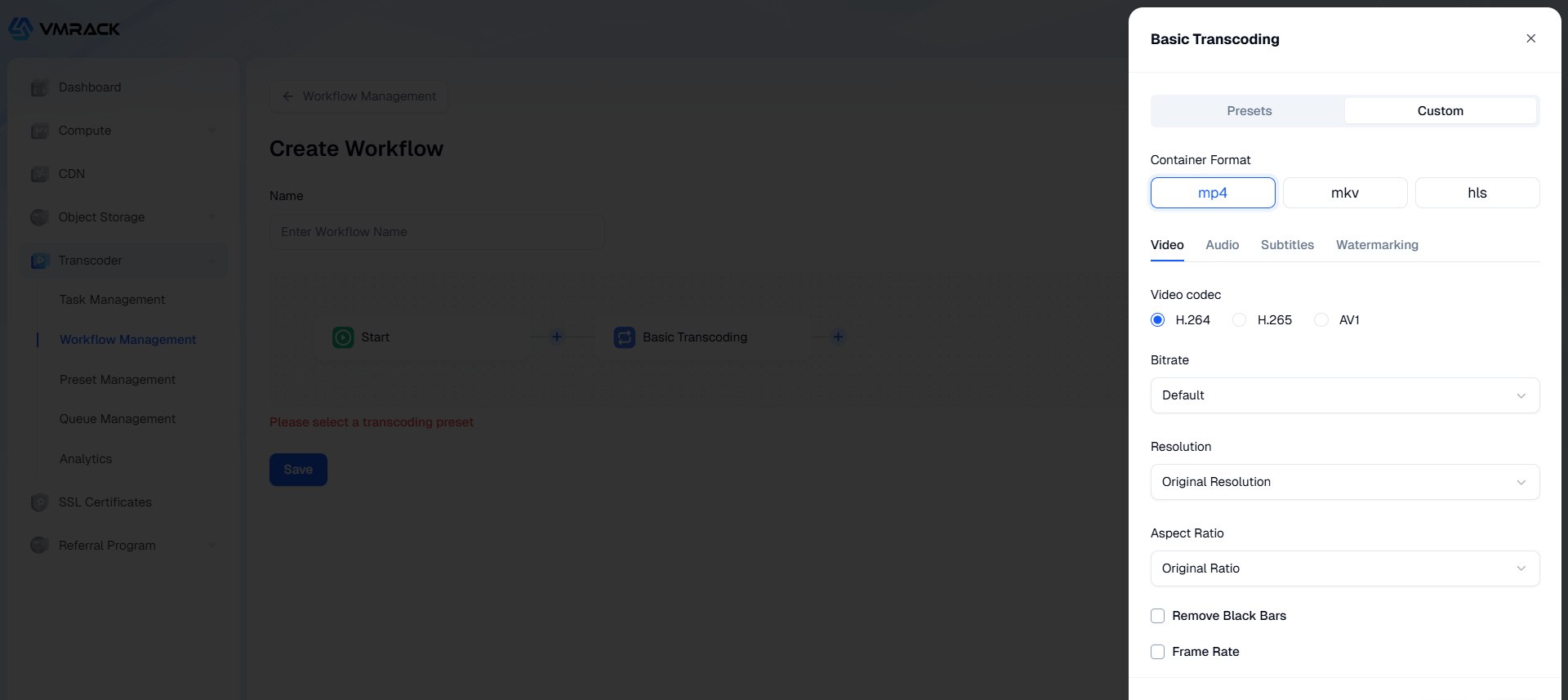 Transcoding node configuration